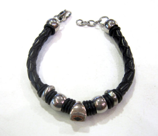 Pulsera de acero y cuero con bolas - Imagen 3
