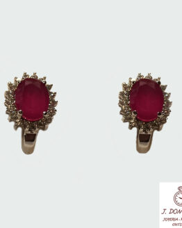 Pendientes oro blanco con piedra roja y circonitas