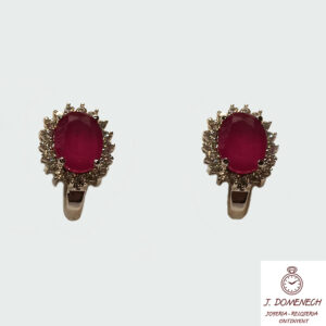 Pendientes oro blanco con piedra roja y circonitas