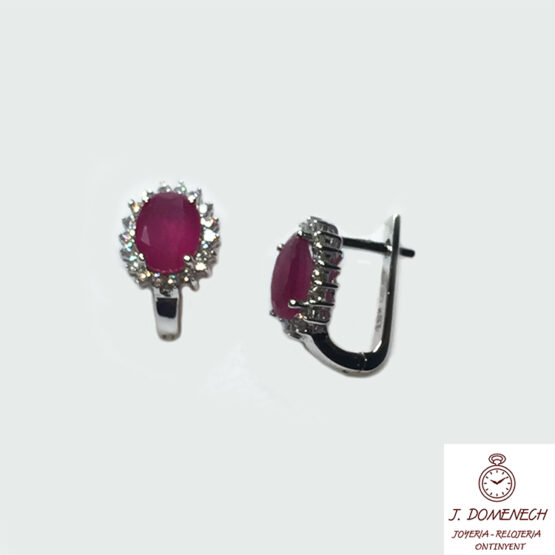 Pendientes oro blanco con piedra roja y circonitas - Imagen 2