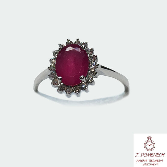 Sortija oro blanco con piedra roja y circonitas - Imagen 2