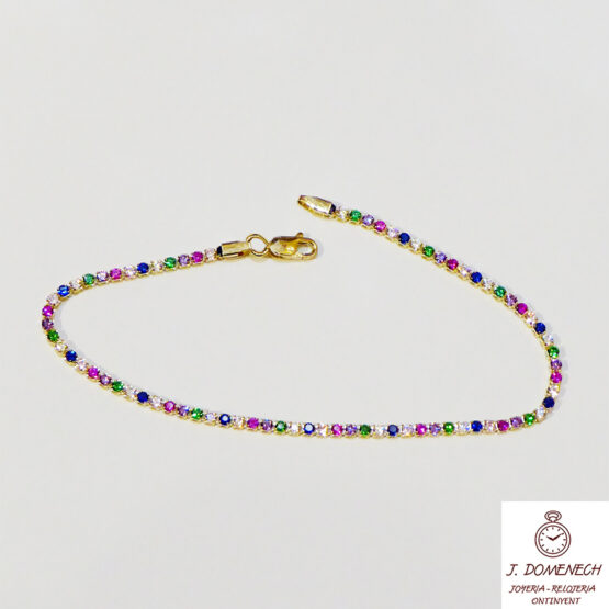 Pulsera de oro amarillo de tenis con circonitas arcoíris