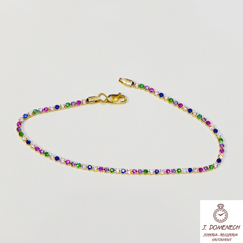 Pulsera de oro amarillo de tenis con circonitas arcoíris