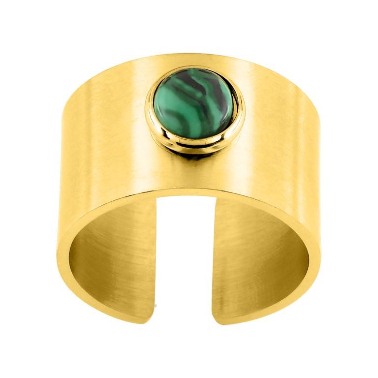 Anillo de acero dorado con piedra verde 437151