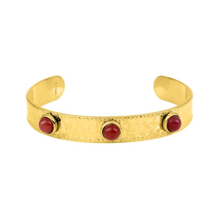 Brazalete de acero dorado con 3 piedras rojas 433678